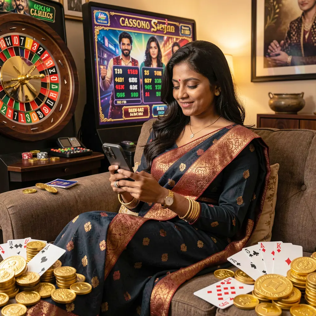 Elegant Bangladeshi player using the A880 casino app on her phone with live roulette and glowing gold coins in a mobile gaming scene
