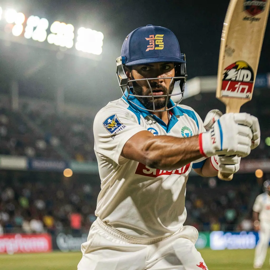 Powerful moment of a cricket batsman striking the ball under bright stadium lights highlighting intense A880 sports betting action