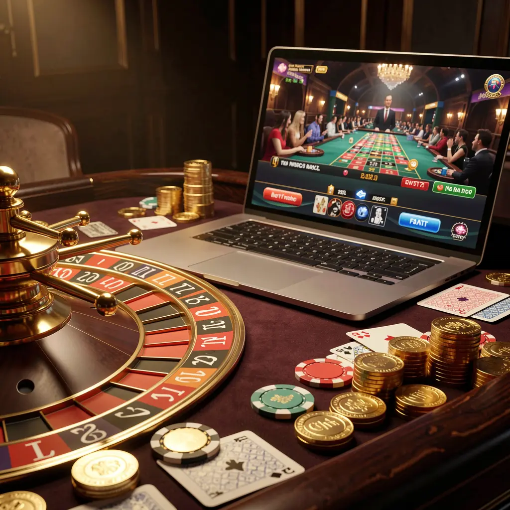Elegant online casino atmosphere with a roulette wheel on a laptop, scattered gold coins, and stacks of chips representing the premium gaming experience at A880 for players in Bangladesh