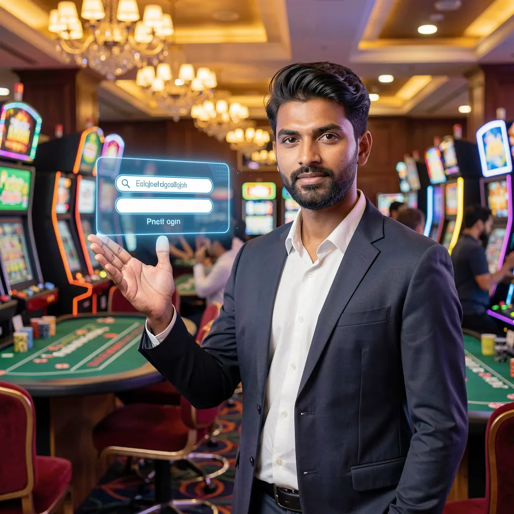 Professional Bangladeshi casino dealer pointing toward a glowing holographic login button inside the immersive A880 casino platform